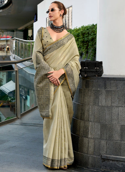 Cream Tissue Silk Printed Work Occasional Wear Saree SW203106