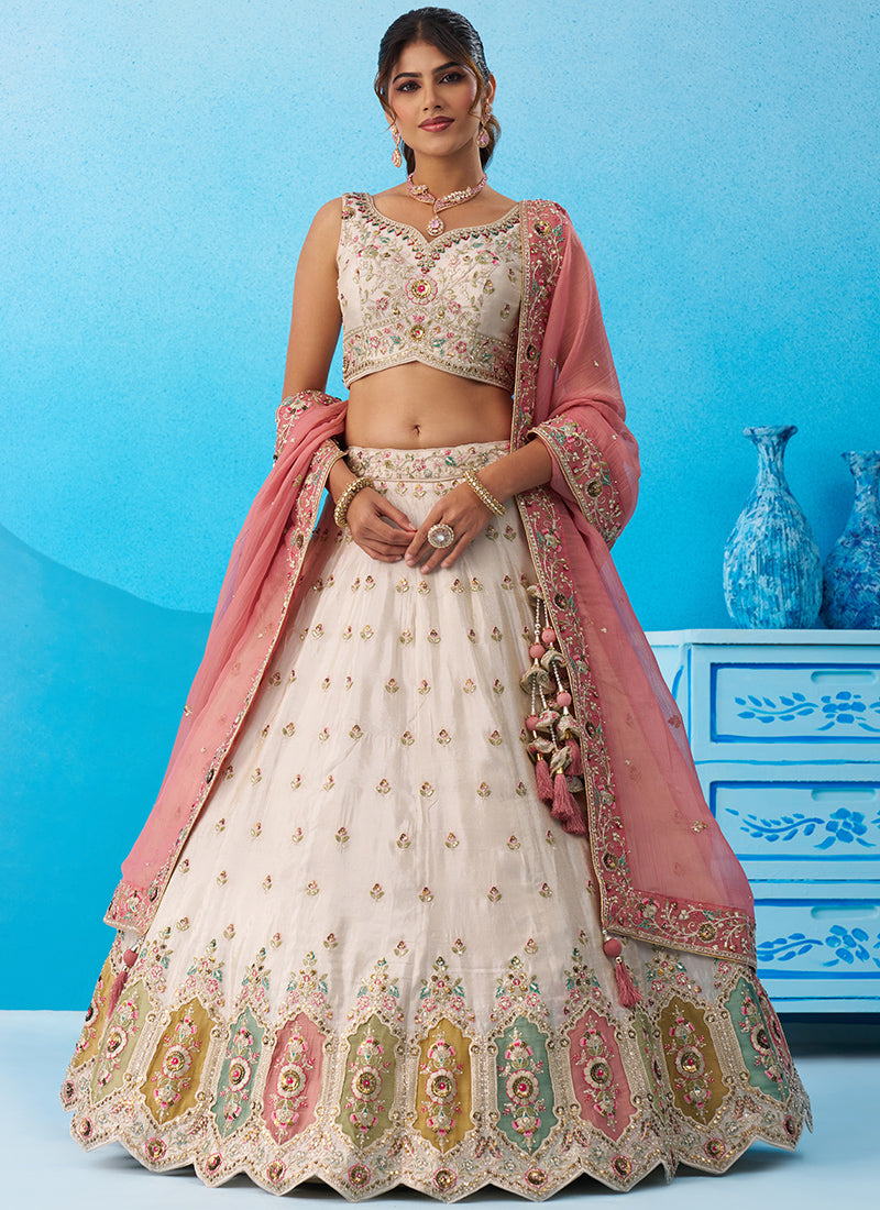 Cream Tissue Embroidery Work Wedding Wear Lehenga Choli SW464318