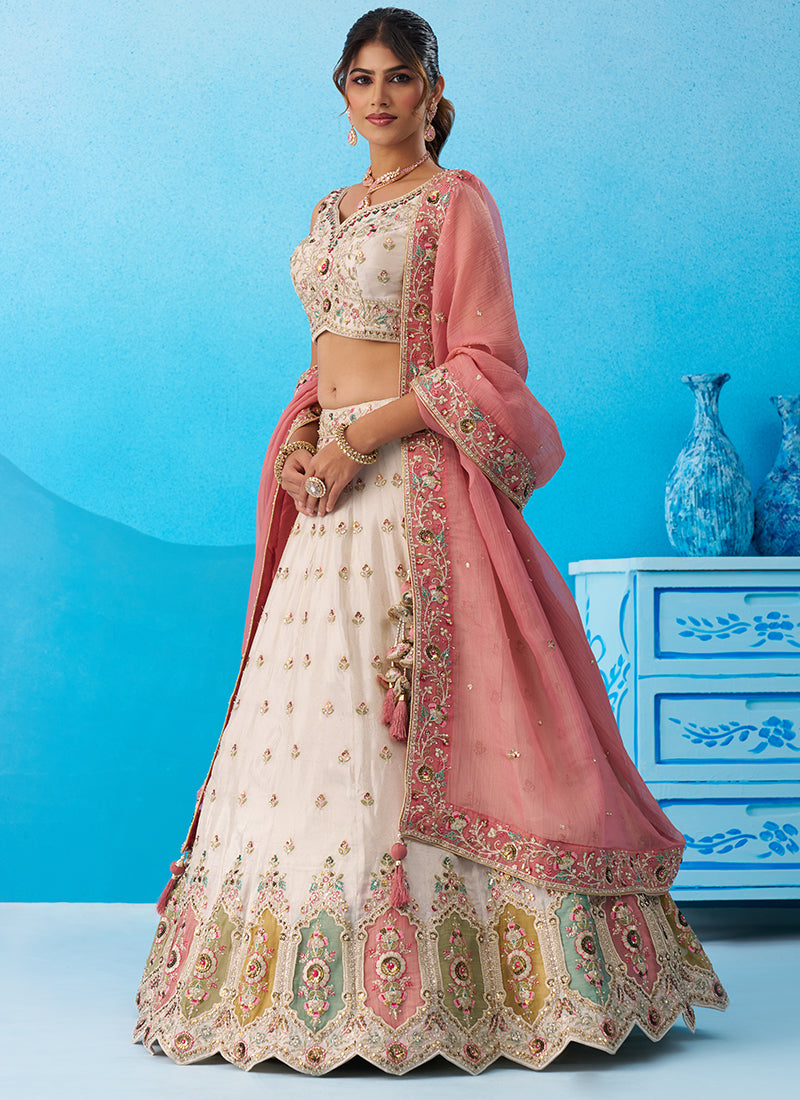 Cream Tissue Embroidery Work Wedding Wear Lehenga Choli SW464318
