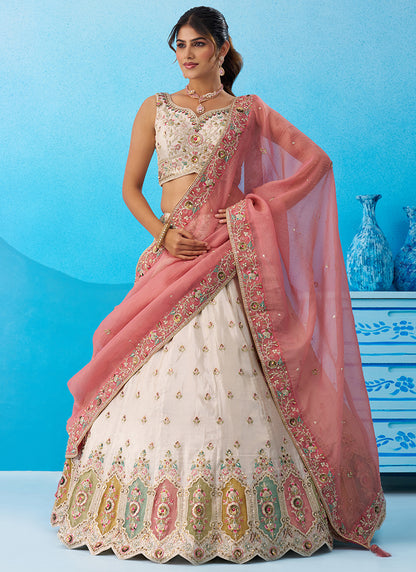 Cream Tissue Embroidery Work Wedding Wear Lehenga Choli SW464318
