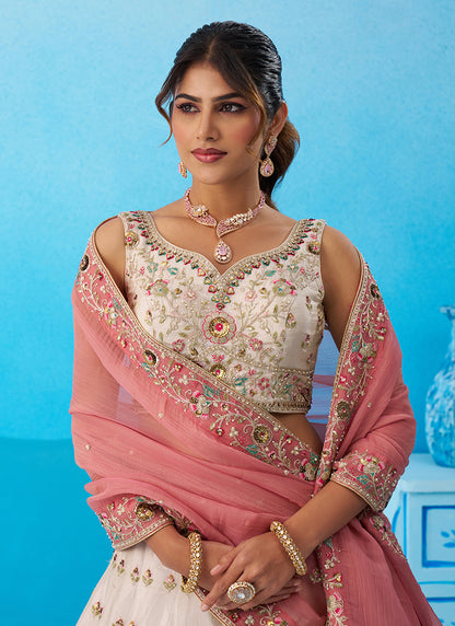 Cream Tissue Embroidery Work Wedding Wear Lehenga Choli SW464318