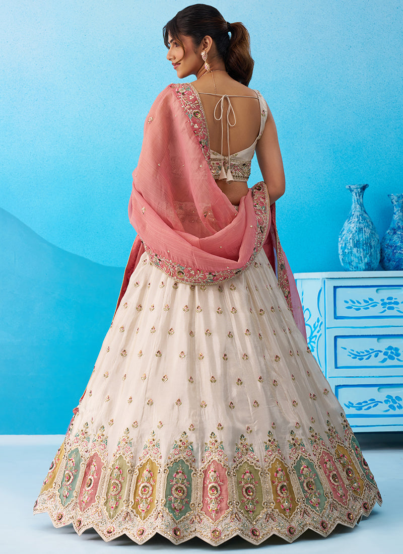 Cream Tissue Embroidery Work Wedding Wear Lehenga Choli SW464318