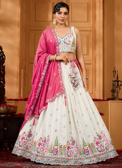 Vichitra Silk Cream Designer Wear Embroidery Work Lehenga Choli 385377