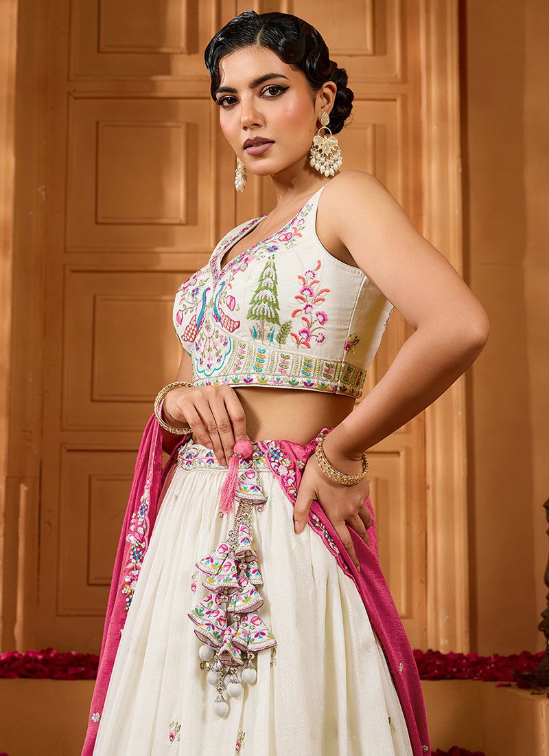 Vichitra Silk Cream Designer Wear Embroidery Work Lehenga Choli 385377
