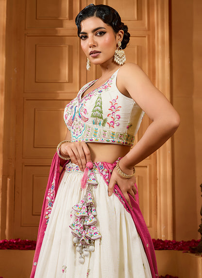 Vichitra Silk Cream Designer Wear Embroidery Work Lehenga Choli 385377