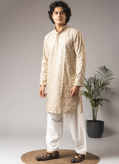 Cream Viscose Embroidery Work Festival Wear Readymade Kurta Pajama SW598881