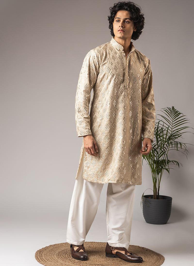 Cream Viscose Embroidery Work Festival Wear Readymade Kurta Pajama SW598881