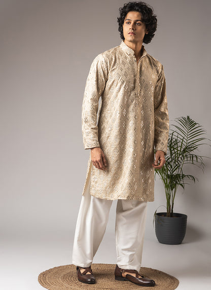 Cream Viscose Embroidery Work Festival Wear Readymade Kurta Pajama SW598881