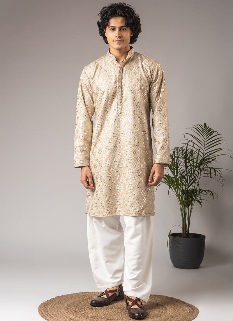 Cream Viscose Embroidery Work Festival Wear Readymade Kurta Pajama SW598881