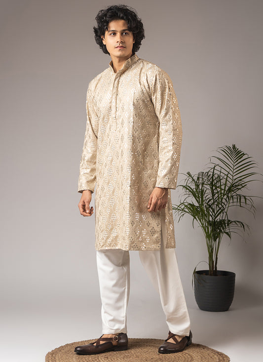 Cream Viscose Embroidery Work Festival Wear Readymade Kurta Pajama SW598881