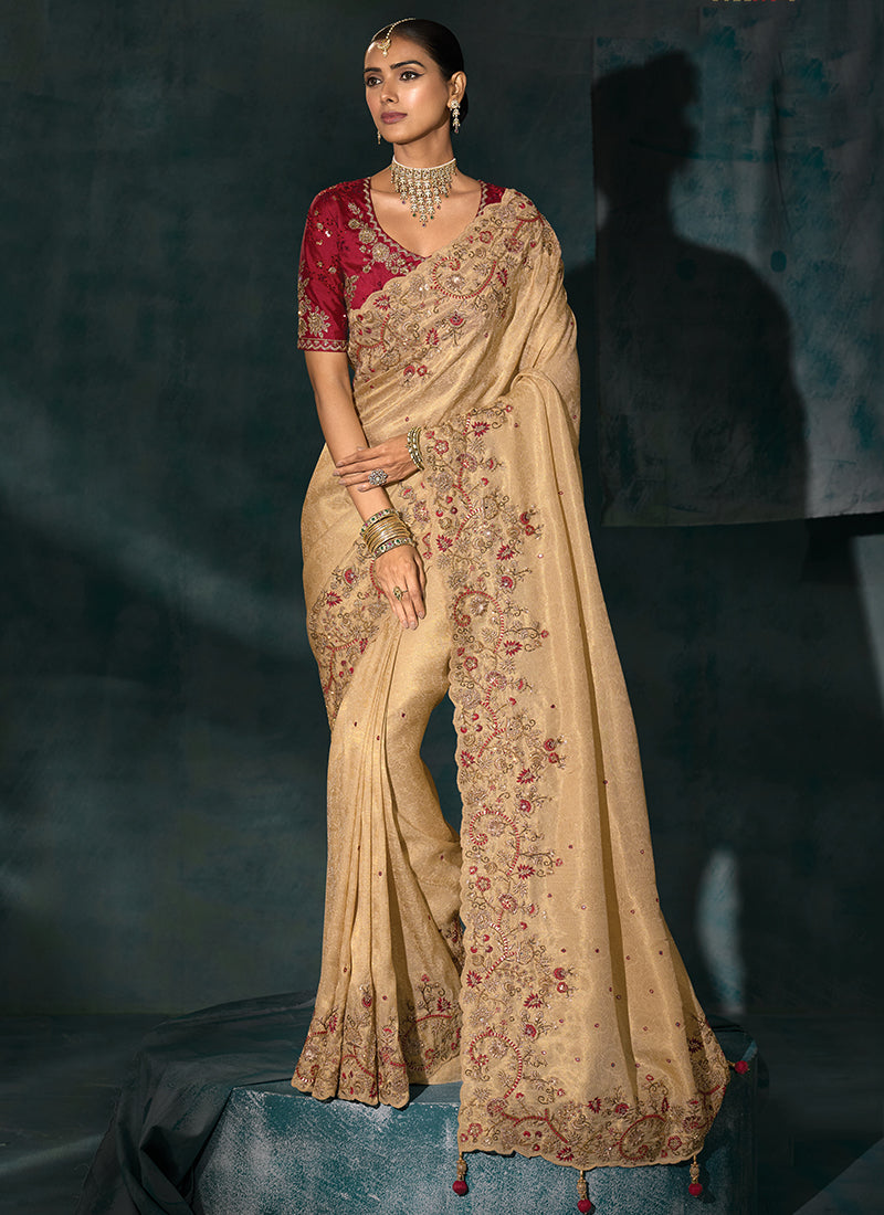 Ziraf Silk Cream Designer Saree with Heavy Work for Bridal Wear 384672