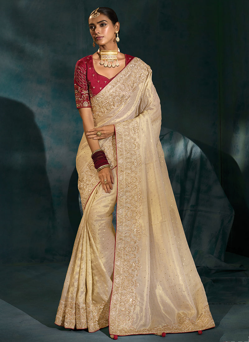 Ziraf Silk Cream Designer Saree with Heavy Work for Bridal Wear 384678