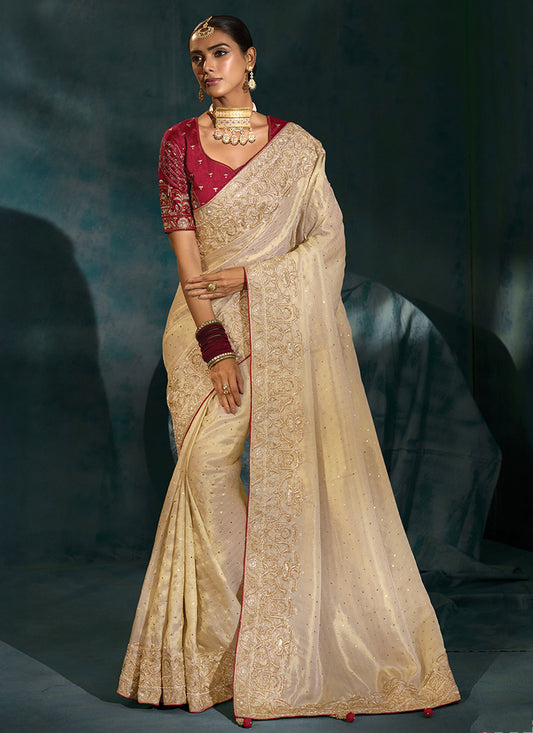 Ziraf Silk Cream Designer Saree with Heavy Work for Bridal Wear 384678