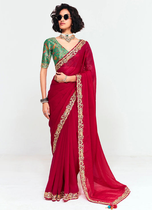 Crimson Red Fancy Silk Border Work Wedding Wear Wedding Saree SW481595