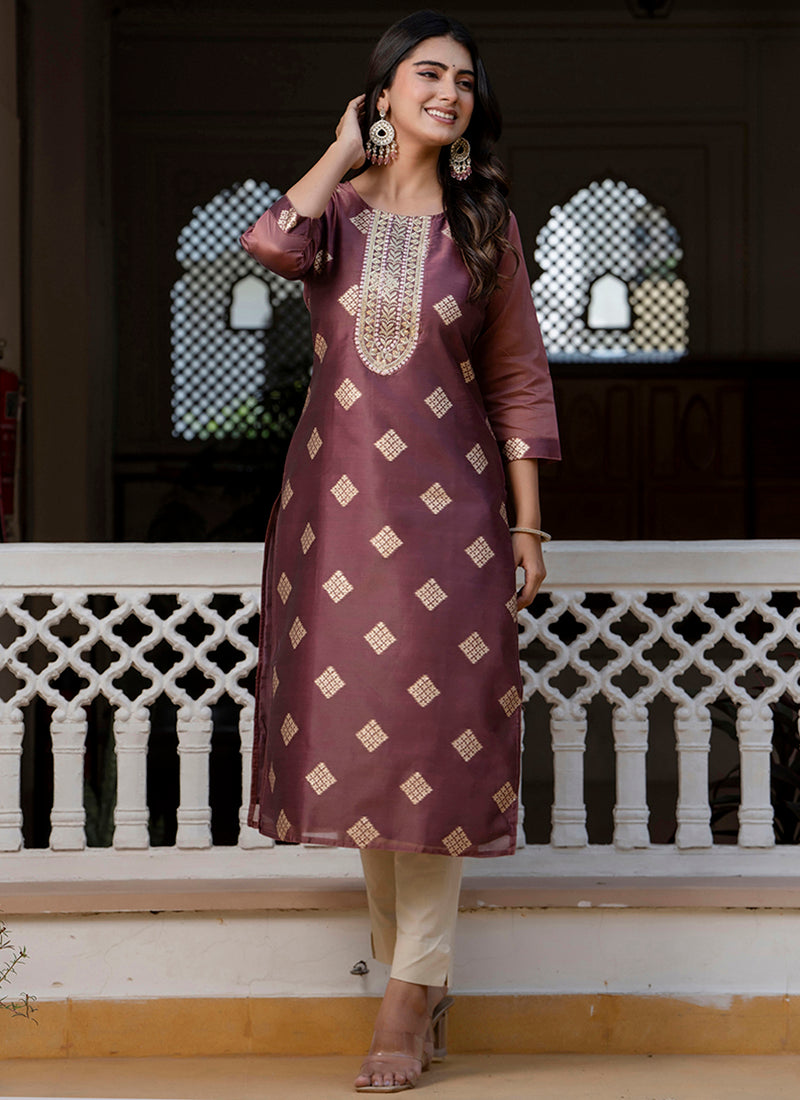 Silk Blend Brown Casual Wear Embroidery Work Readymade Kurti 381489