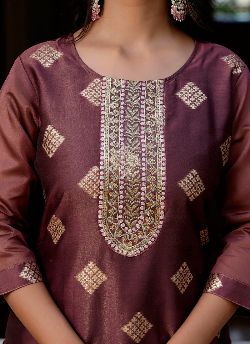 Silk Blend Brown Casual Wear Embroidery Work Readymade Kurti 381489