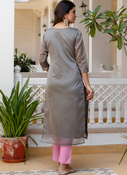 Silk Blend Grey Casual Wear Embroidery Work Readymade Kurti 381491