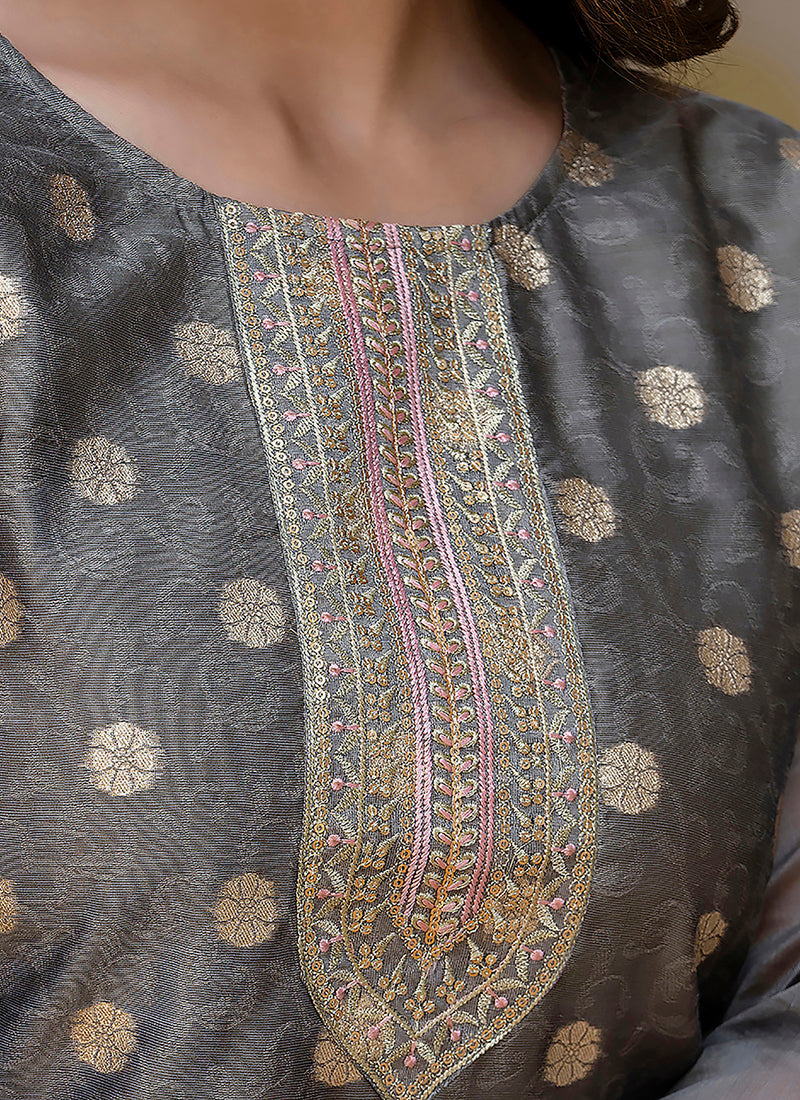 Silk Blend Grey Casual Wear Embroidery Work Readymade Kurti 381491