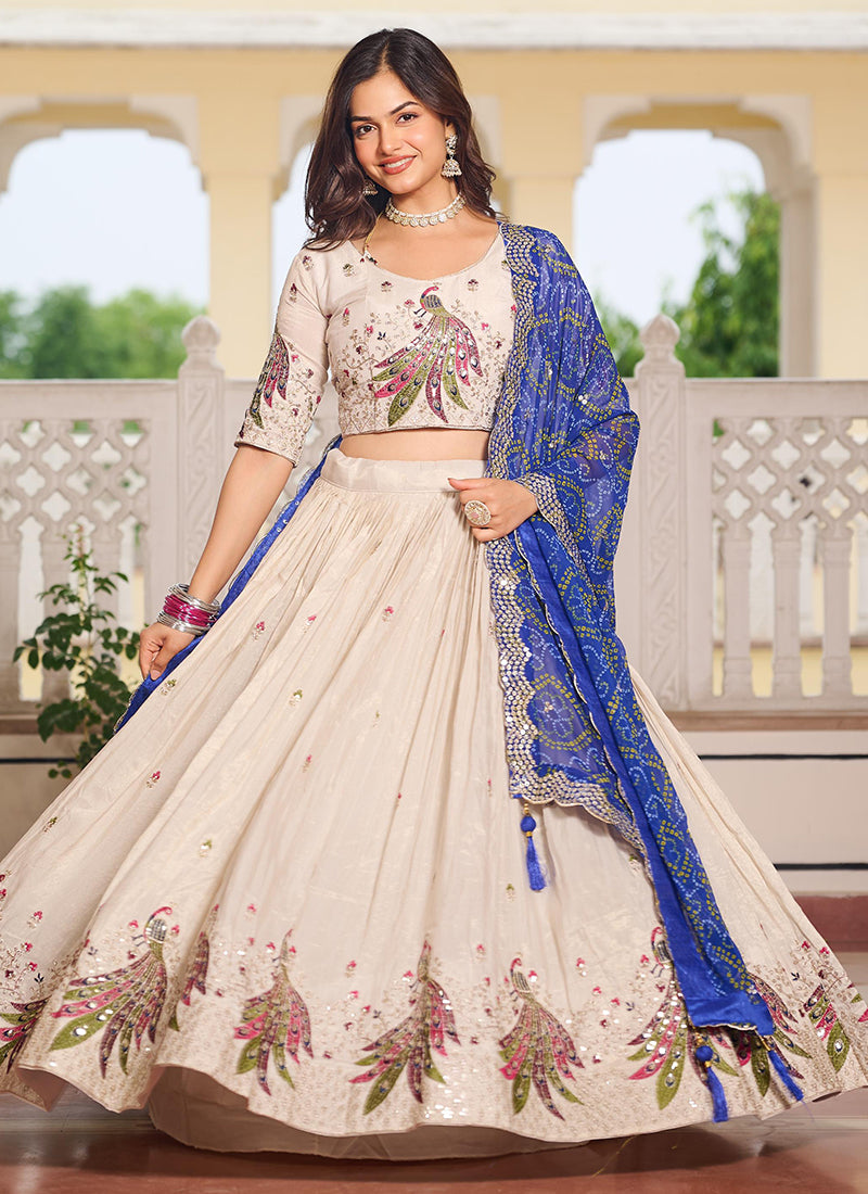 Tissue Silk Off White Festival Wear Sequins Work Readymade Lehenga Choli 386876