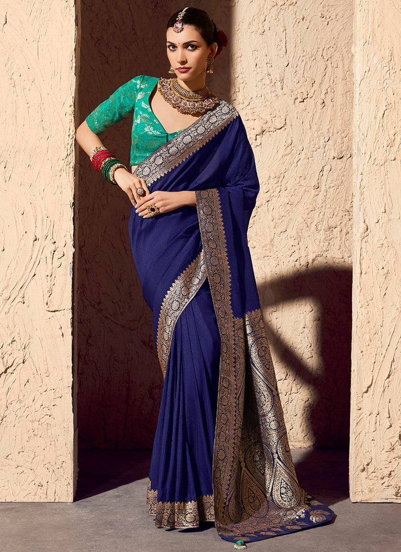 Crepe Georgette Dark Blue Party Wear Weaving Work Saree 386528