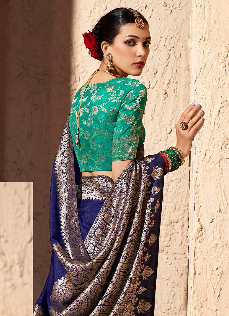 Crepe Georgette Dark Blue Party Wear Weaving Work Saree 386528