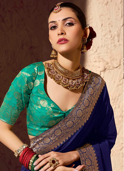 Crepe Georgette Dark Blue Party Wear Weaving Work Saree 386528