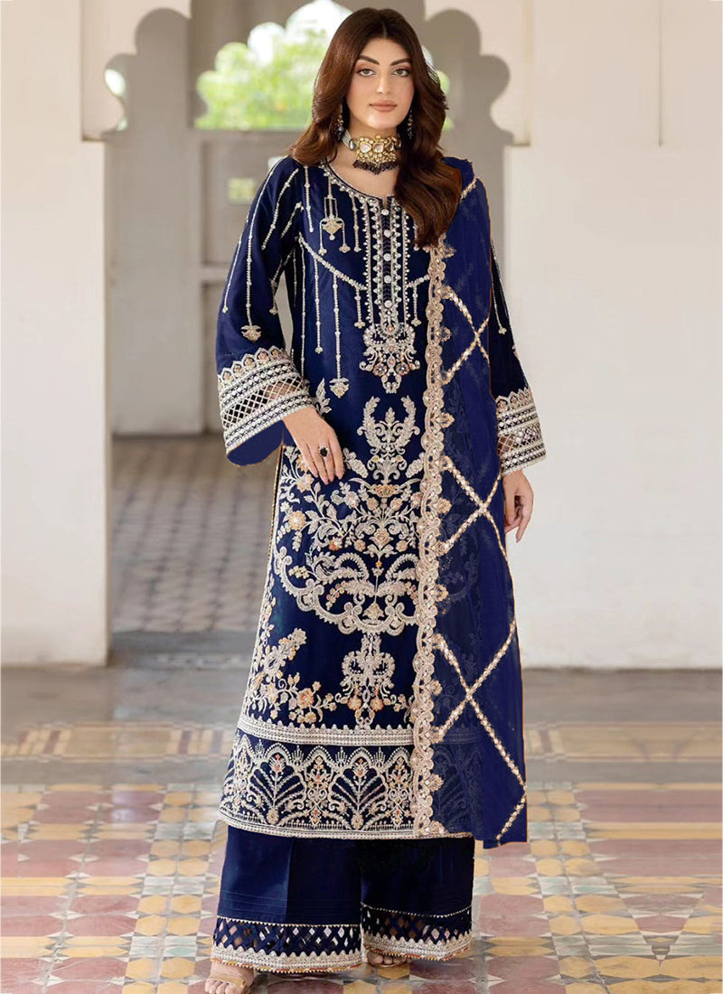 Heavy Velvet Dark Blue Eid Wear Heavy Work Pakistani Suit 387297
