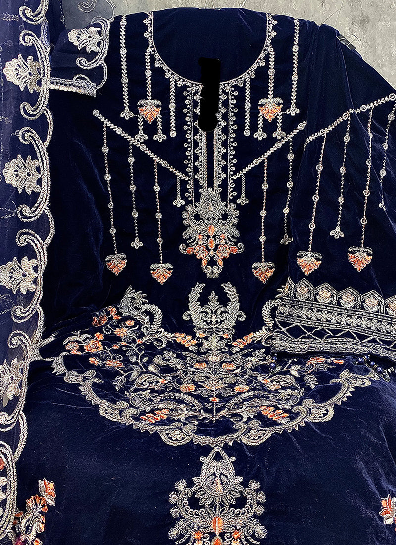 Heavy Velvet Dark Blue Eid Wear Heavy Work Pakistani Suit 387297