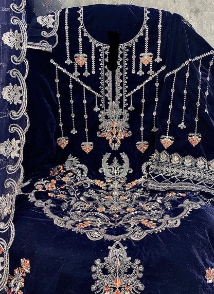 Heavy Velvet Dark Blue Eid Wear Heavy Work Pakistani Suit 387297