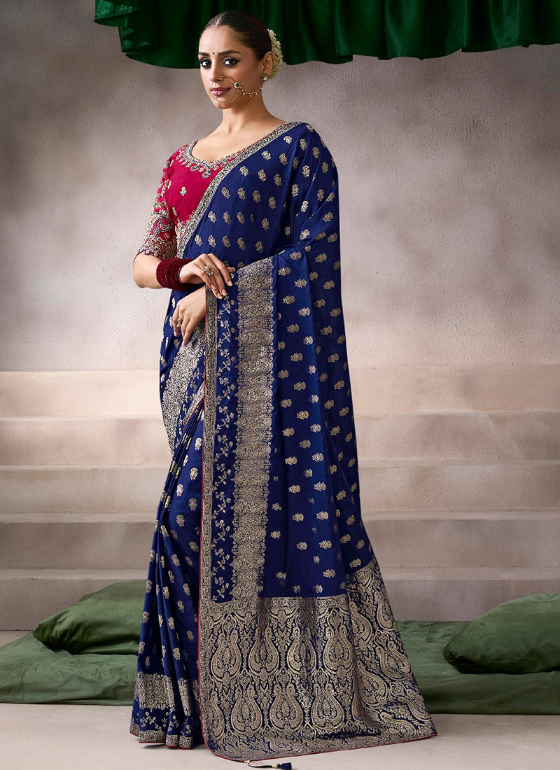 Pure Crepe Dark Blue Wedding Wear Heavy Work Wedding Saree 387286