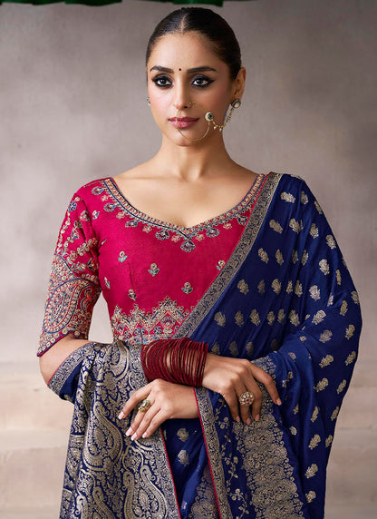 Pure Crepe Dark Blue Wedding Wear Heavy Work Wedding Saree 387286