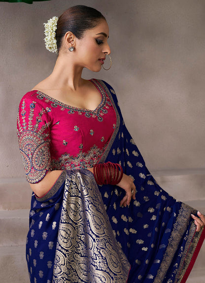 Pure Crepe Dark Blue Wedding Wear Heavy Work Wedding Saree 387286