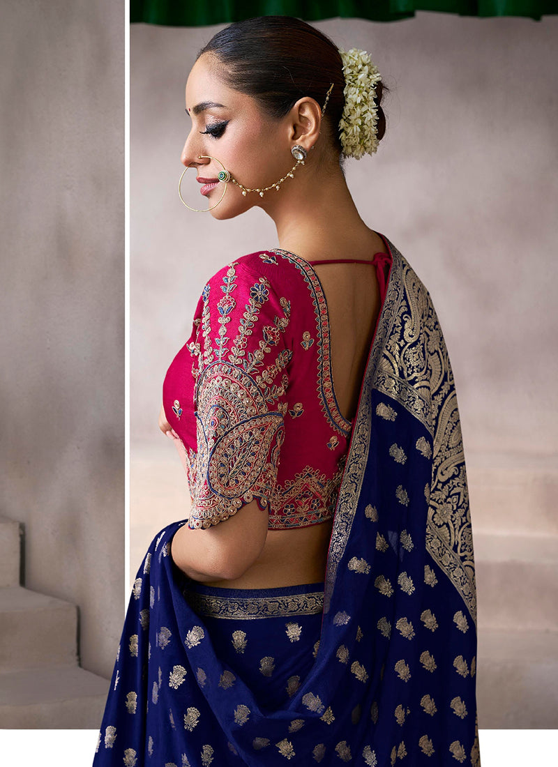 Pure Crepe Dark Blue Wedding Wear Heavy Work Wedding Saree 387286