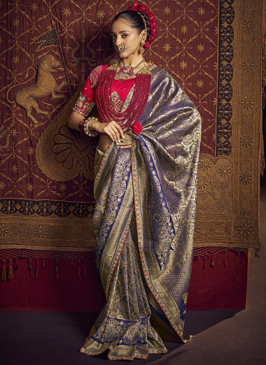 Pure Viscose Dark Blue Saree with Weaving Work for Bridal Wear 380839