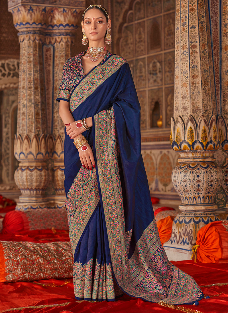Pv Georgette Dark Blue Festival Wear Printed Work Saree 385843