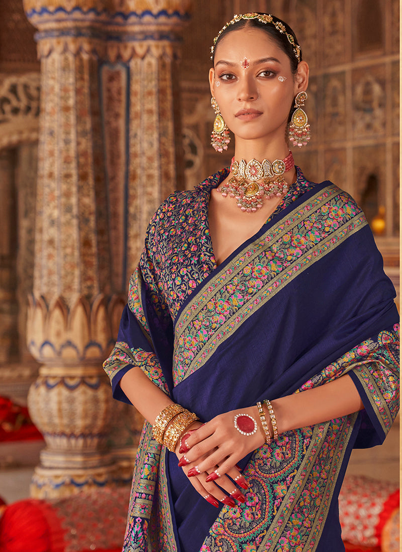 Pv Georgette Dark Blue Festival Wear Printed Work Saree 385843