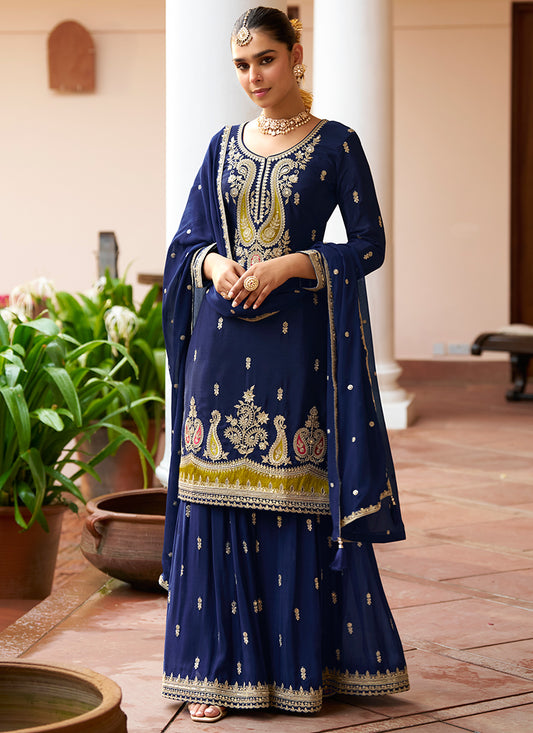 Real Chinon Dark Blue Party Wear Embroidery Work Readymade Plazzo Suit 386678