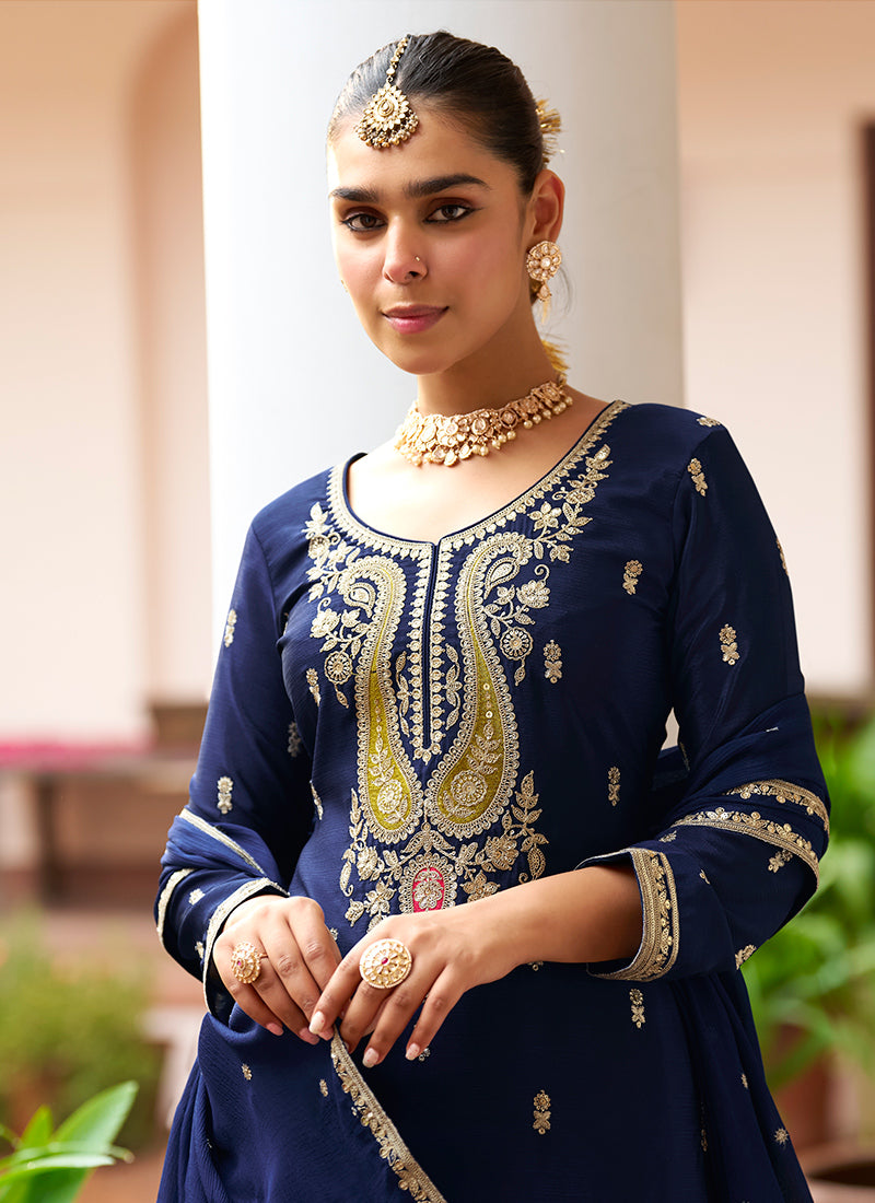 Real Chinon Dark Blue Party Wear Embroidery Work Readymade Plazzo Suit 386678