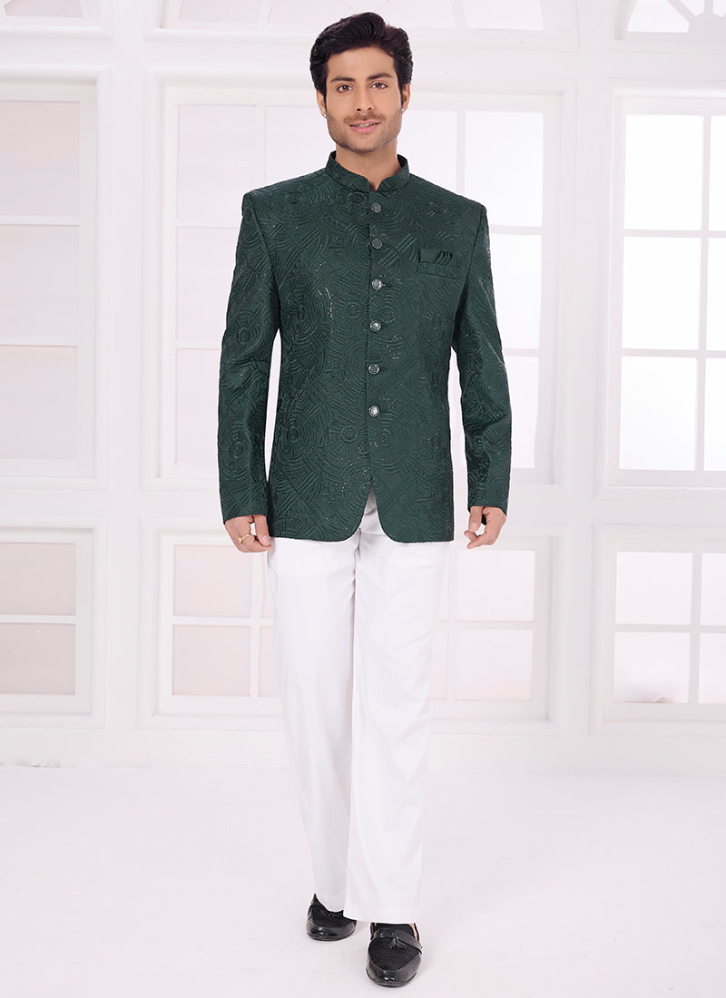 Dark Green Art Silk Pattern Pc Work Party Wear Readymade Jodhpuri Suit SW619143