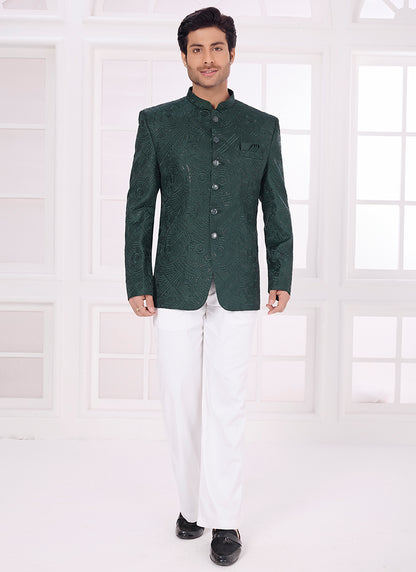 Dark Green Art Silk Pattern Pc Work Party Wear Readymade Jodhpuri Suit SW619143