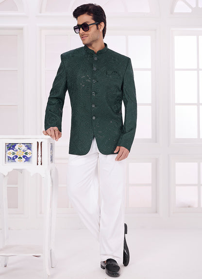 Dark Green Art Silk Pattern Pc Work Party Wear Readymade Jodhpuri Suit SW619143