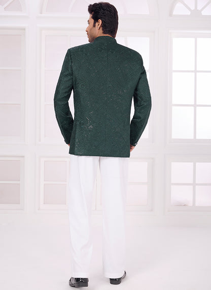 Dark Green Art Silk Pattern Pc Work Party Wear Readymade Jodhpuri Suit SW619143