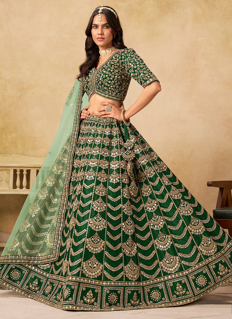 Art Silk Dark Green Wedding Wear Sequin Work Lehenga Choli 386541