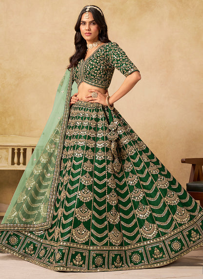 Art Silk Dark Green Wedding Wear Sequin Work Lehenga Choli 386541