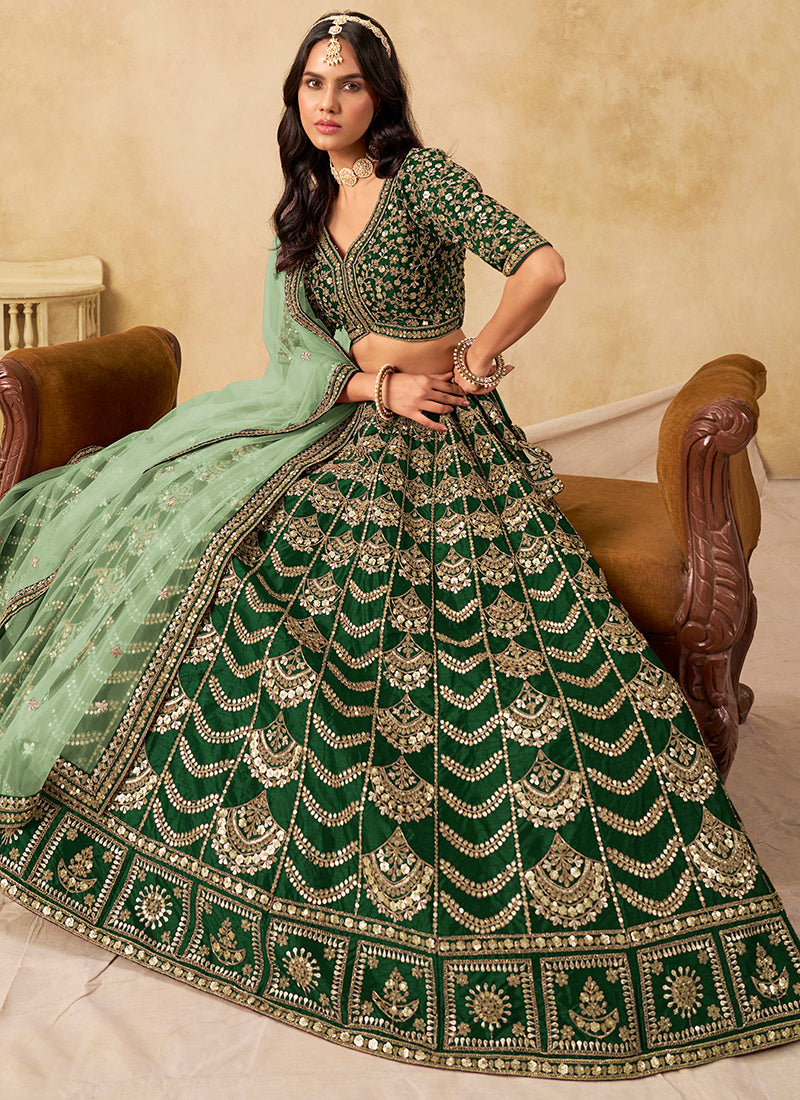 Art Silk Dark Green Wedding Wear Sequin Work Lehenga Choli 386541