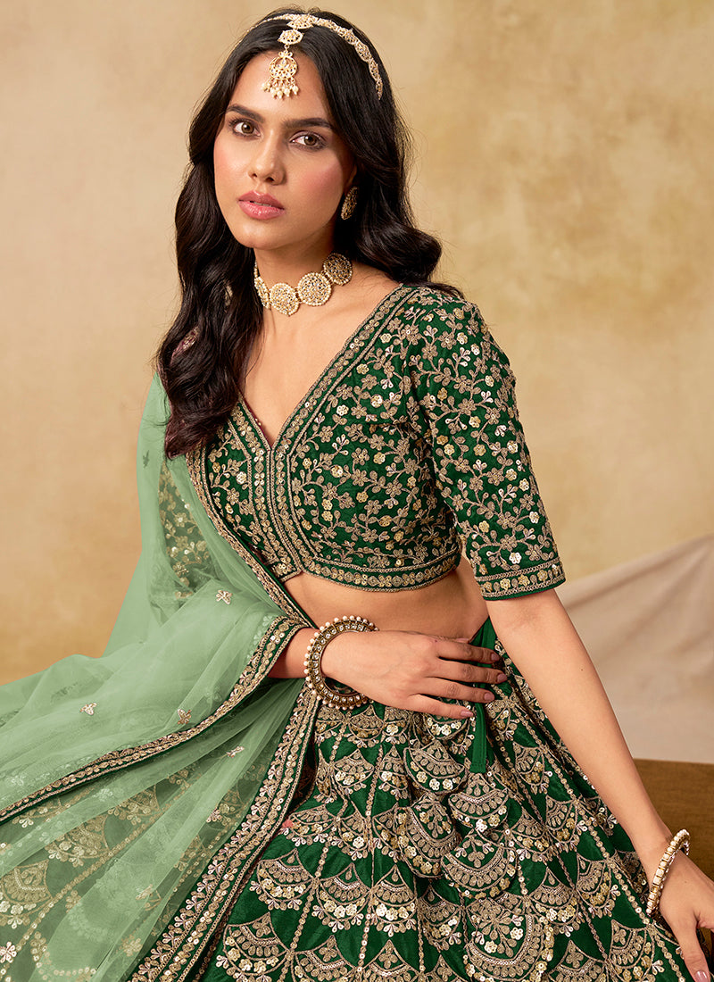 Art Silk Dark Green Wedding Wear Sequin Work Lehenga Choli 386541