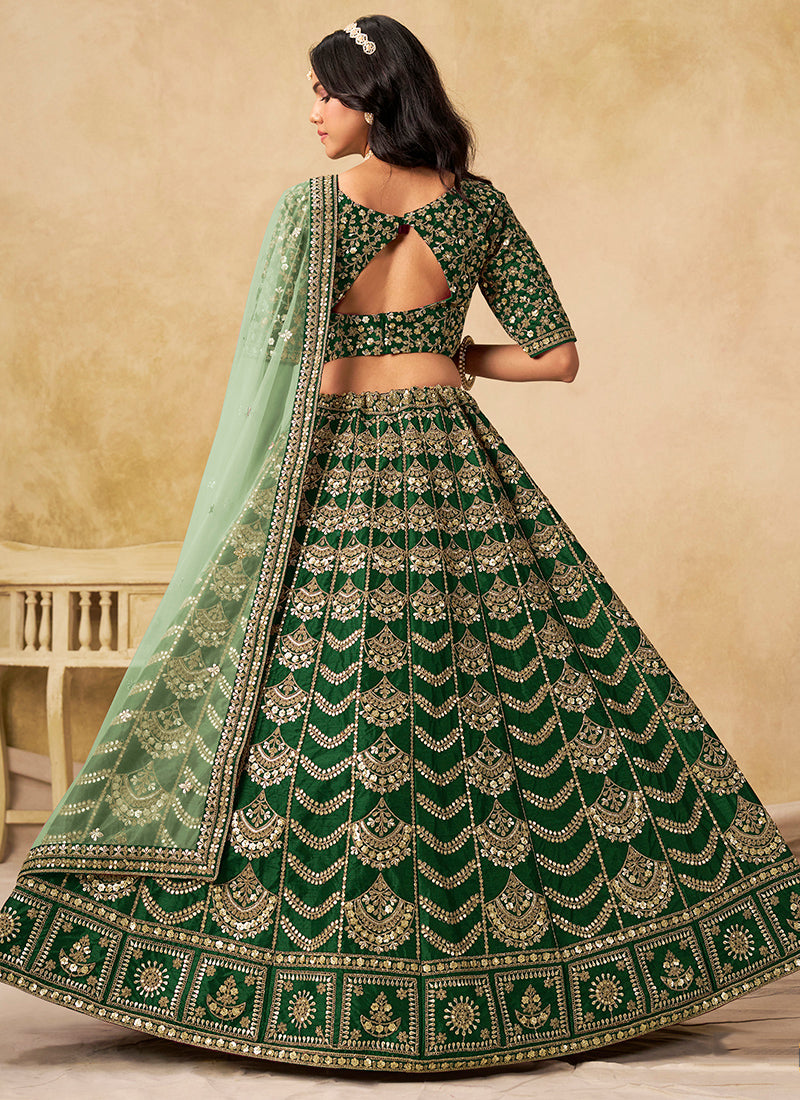Art Silk Dark Green Wedding Wear Sequin Work Lehenga Choli 386541
