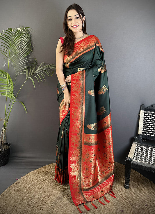 Banarasi Silk Dark Green Festival Wear Weaving Work Saree 387978