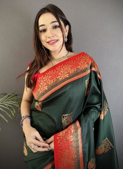 Banarasi Silk Dark Green Festival Wear Weaving Work Saree 387978