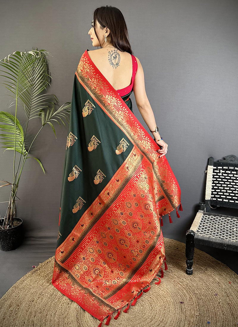 Banarasi Silk Dark Green Festival Wear Weaving Work Saree 387978